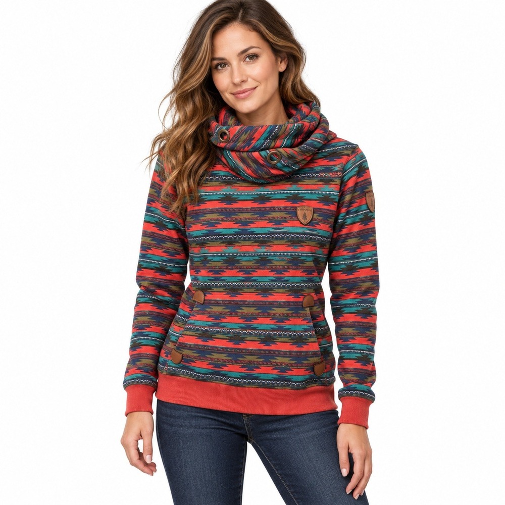 Wanakome Hoodie Cotton Blend Womens M Red Teal Southwestern Cowl Neck Pullover